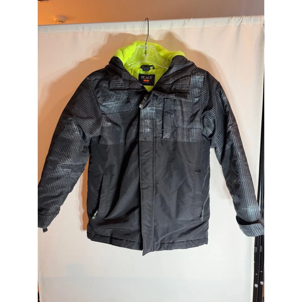 The Childrens Place Unisex Black Grey Puffer Jacket Neon Fleece Lined Size M 7/8